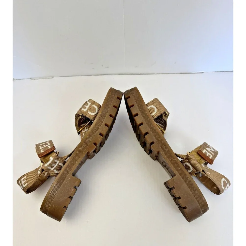 CELINE Paris Leo Wool Jacquard Strappy Sandals Light Beige/White Sz 37 MSRP $850